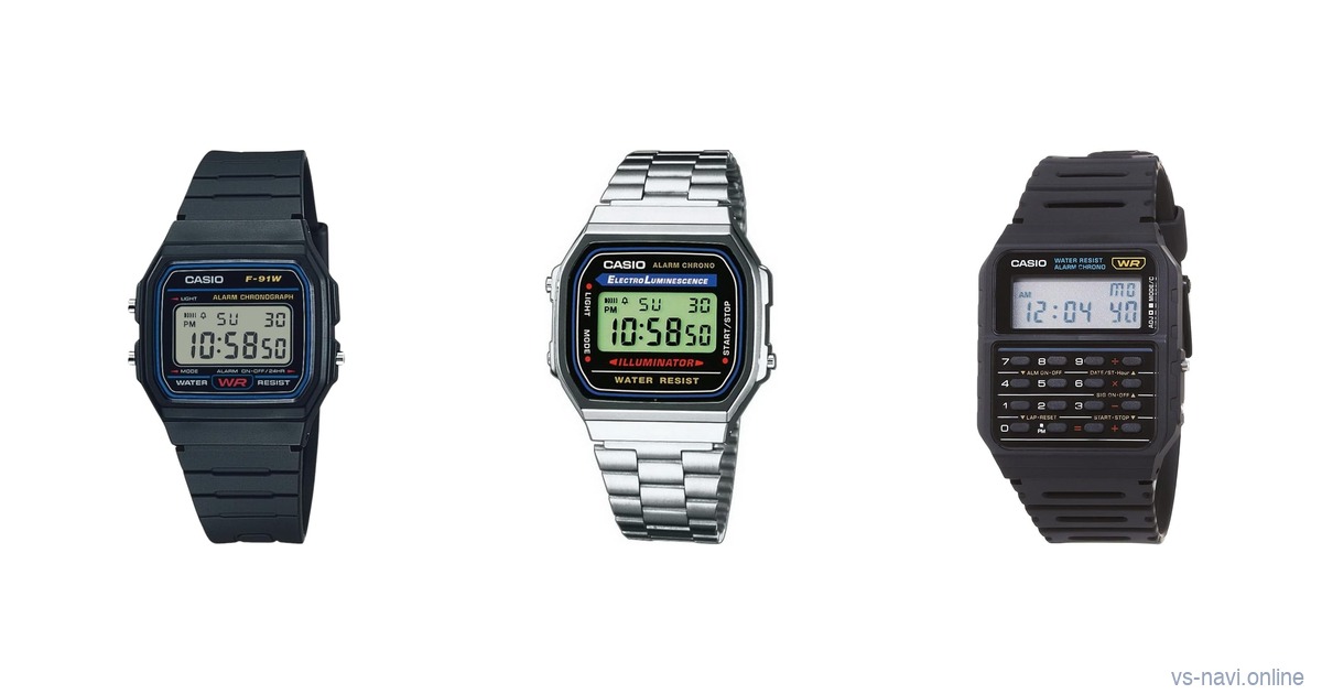 Casio F-91W, A168WA and CA-53W retro digital watches side by side