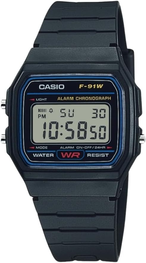 Casio F-91W black resin digital watch front view