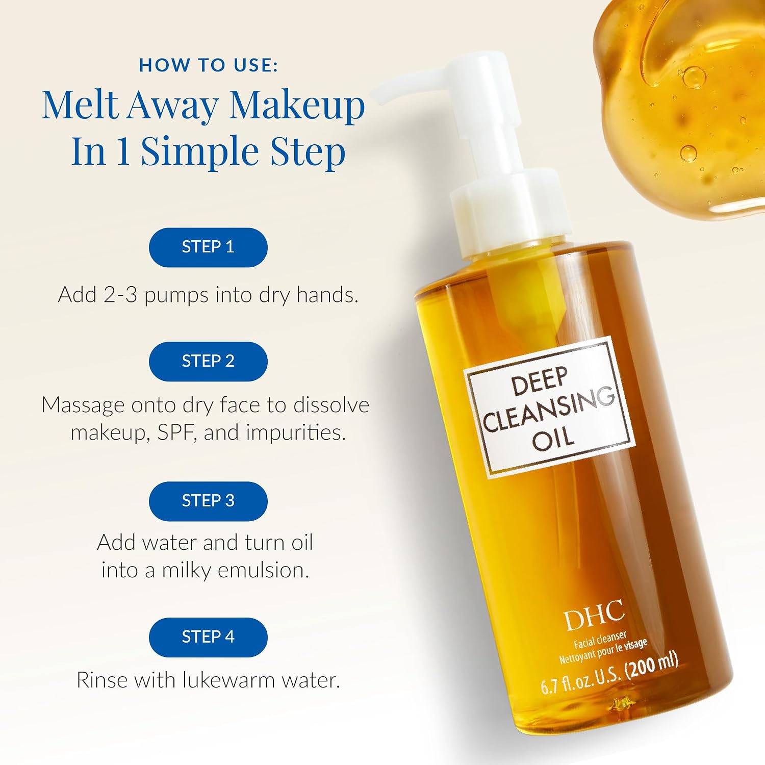 DHC how-to-use steps: pump onto dry hands, massage, add water, rinse