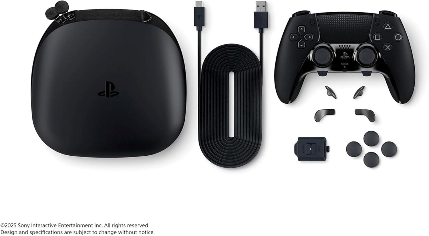 DualSense Edge in Midnight Black with its carrying case, braided cable, back buttons plus stick caps