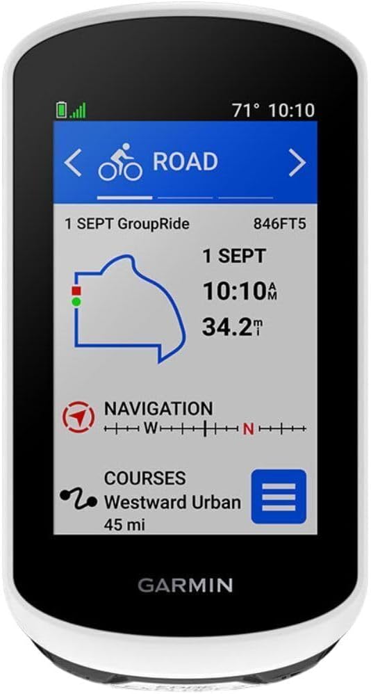 Garmin Edge Explore 2 GPS cycling navigator in white showing the road ride profile screen