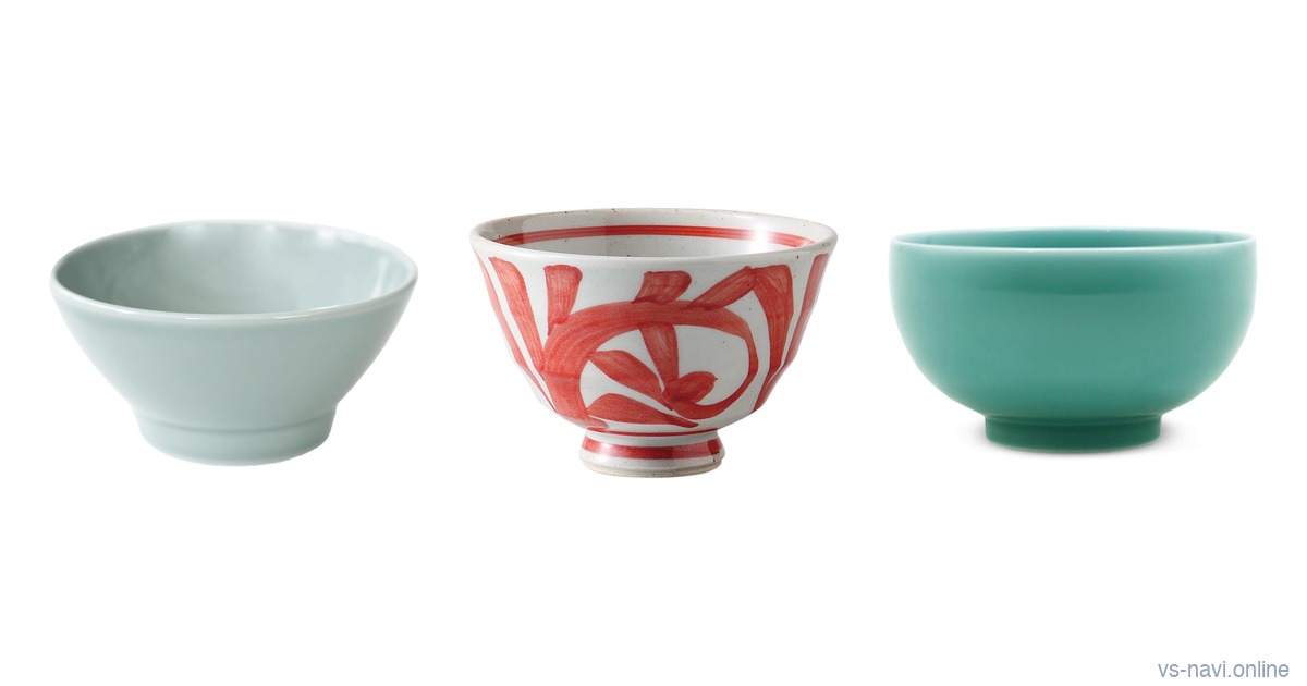 Saikai Common gray rice bowl, Saikai red arabesque rice bowl plus Hakusan celadon noodle bowl side by side on a white background