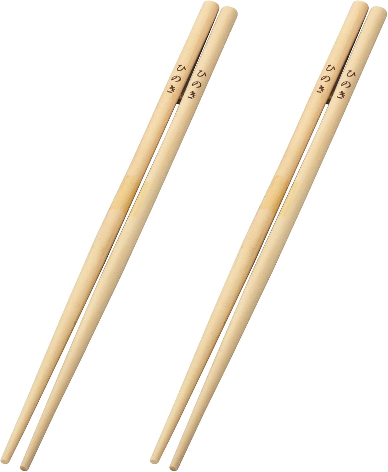Two pairs of pale unfinished hinoki cooking chopsticks branded with the word hinoki in Japanese