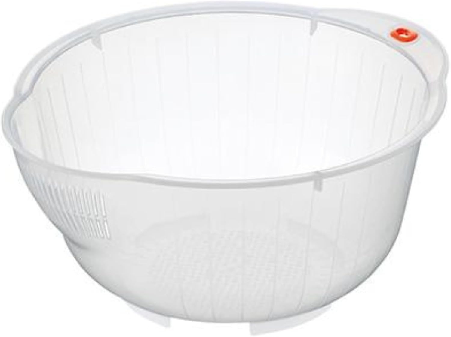 Inomata clear plastic rice washing bowl with side drainer slots, a perforated base and an orange handle tab