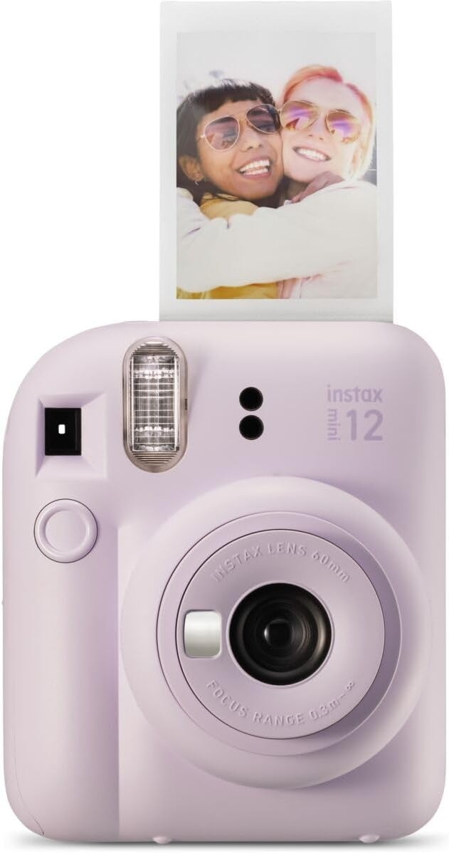 instax mini 12 in Lilac Purple with a print coming out