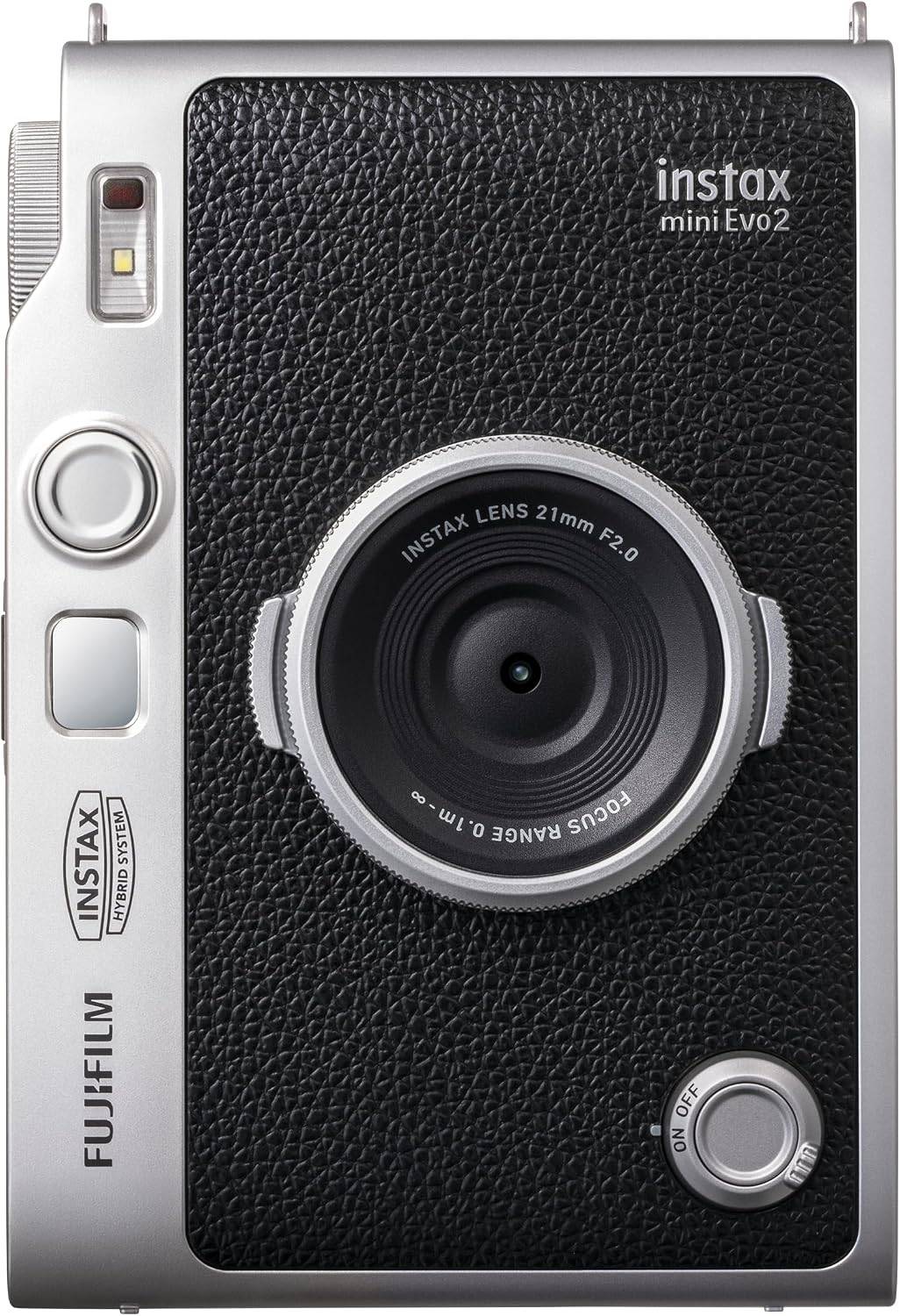 Fujifilm instax mini Evo 2 front view with the 21mm F2.0 instax lens