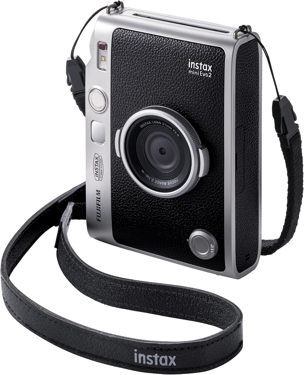 instax mini Evo 2 angled view with the included shoulder strap attached