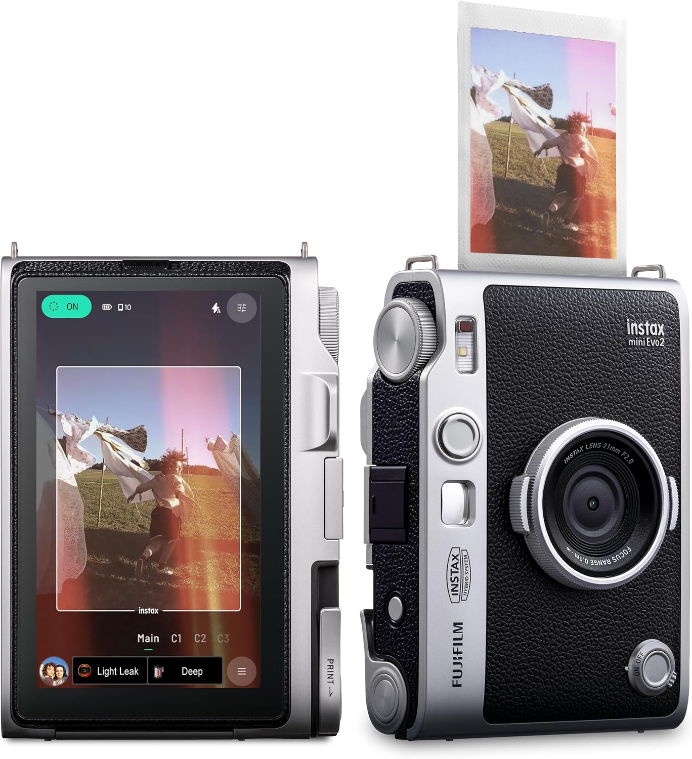 instax mini Evo 2 rear touchscreen next to the camera printing an instax mini photo