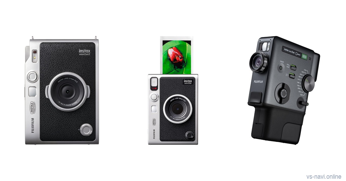 Fujifilm instax mini Evo 2, the original instax mini Evo plus the instax mini Evo Cinema side by side on a white background