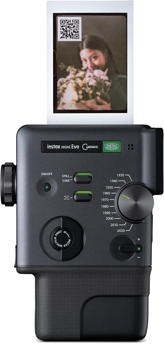 instax mini Evo Cinema printing a photo with a QR code