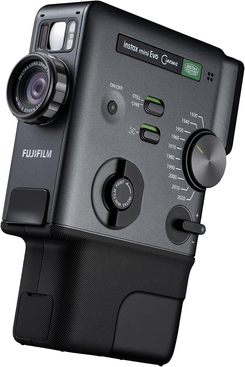 instax mini Evo Cinema front three-quarter view with lens