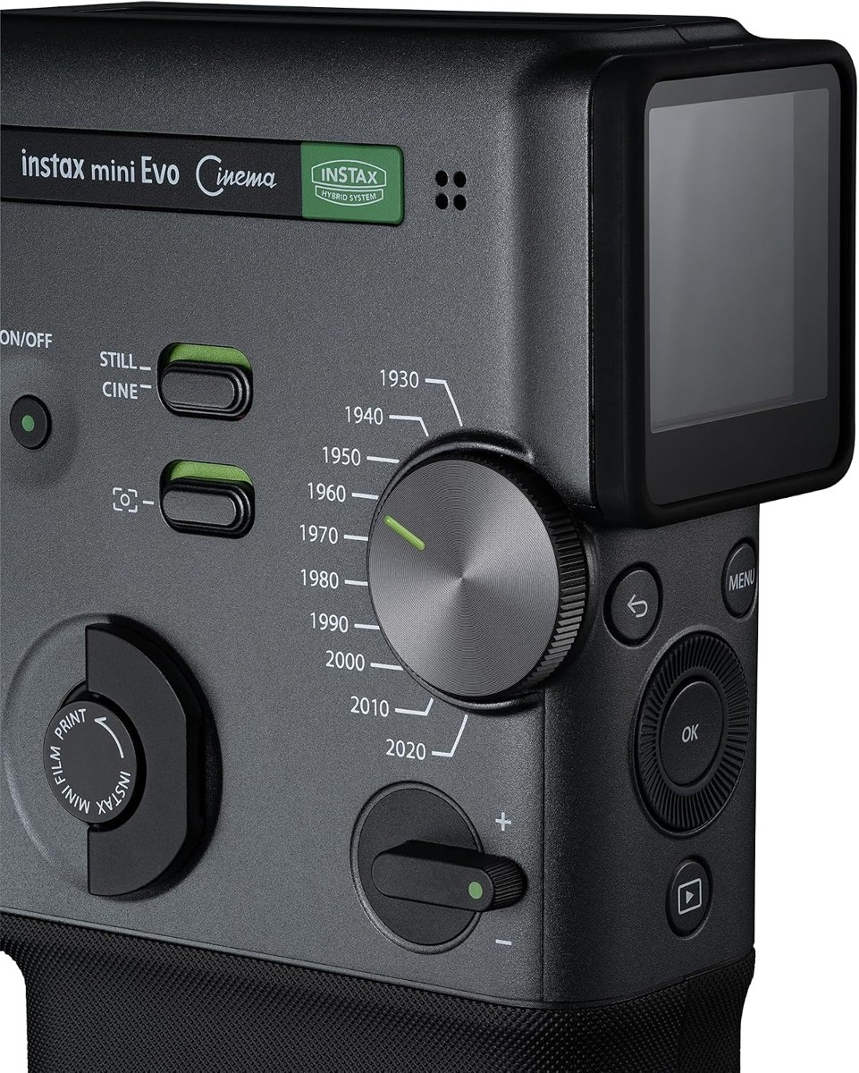 Close-up of the instax mini Evo Cinema era dial from 1930 to 2020
