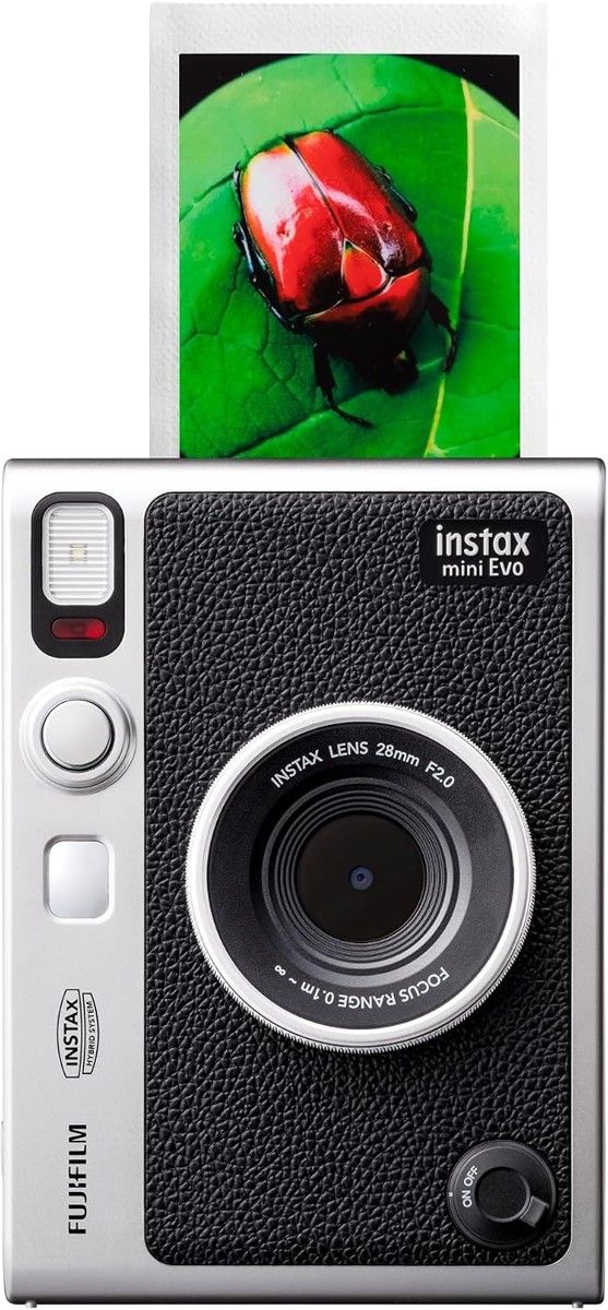 instax mini Evo hybrid instant camera front view with a print