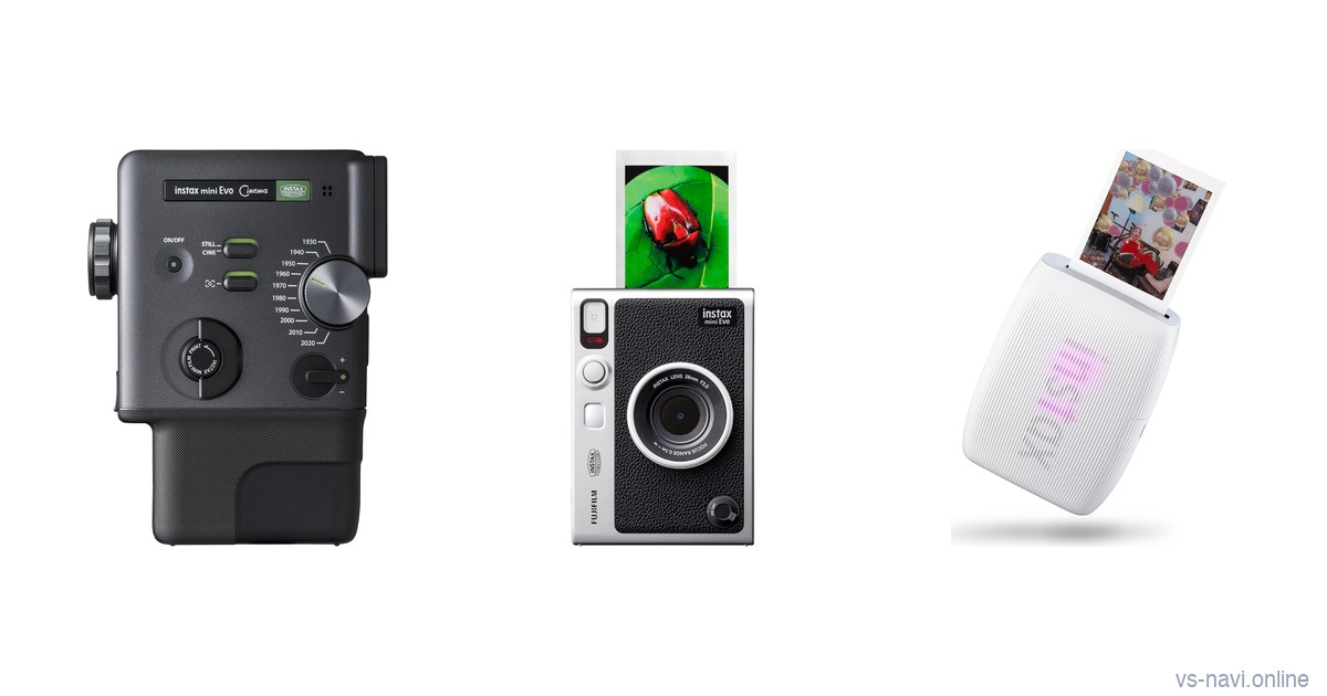 instax mini Evo Cinema, instax mini Evo plus instax mini Link 3 side by side
