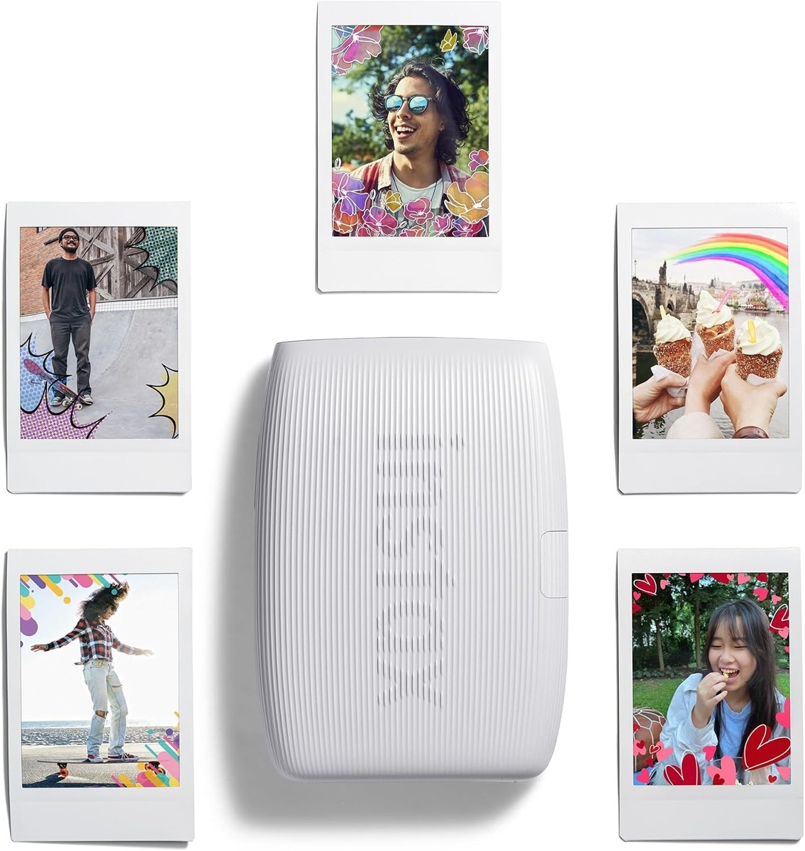 instax mini Link 3 surrounded by framed instax mini prints
