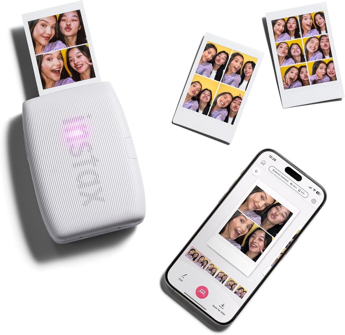 instax mini Link 3 printing a photo-booth collage from a smartphone
