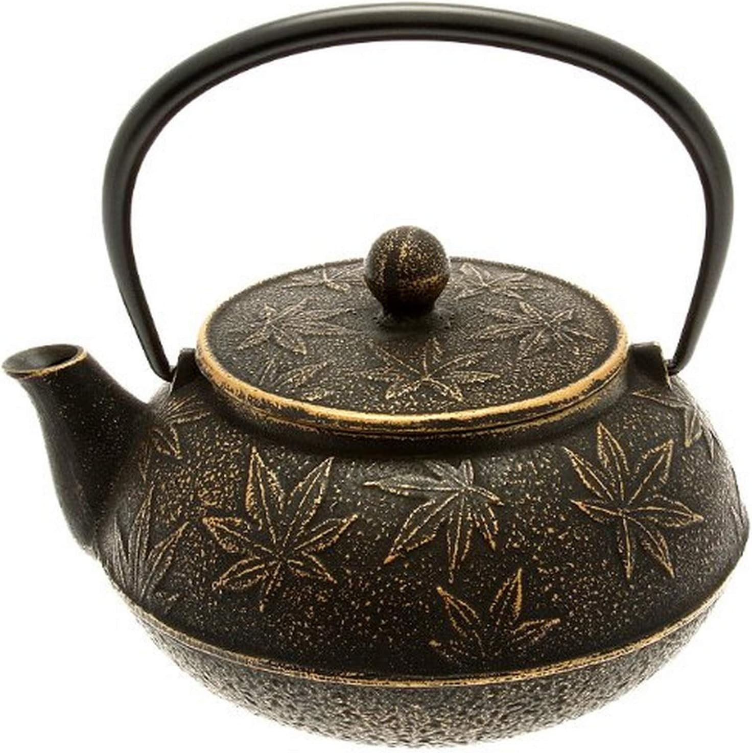 Iwachu cast iron teapot with a raised maple leaf design finished in gold over black