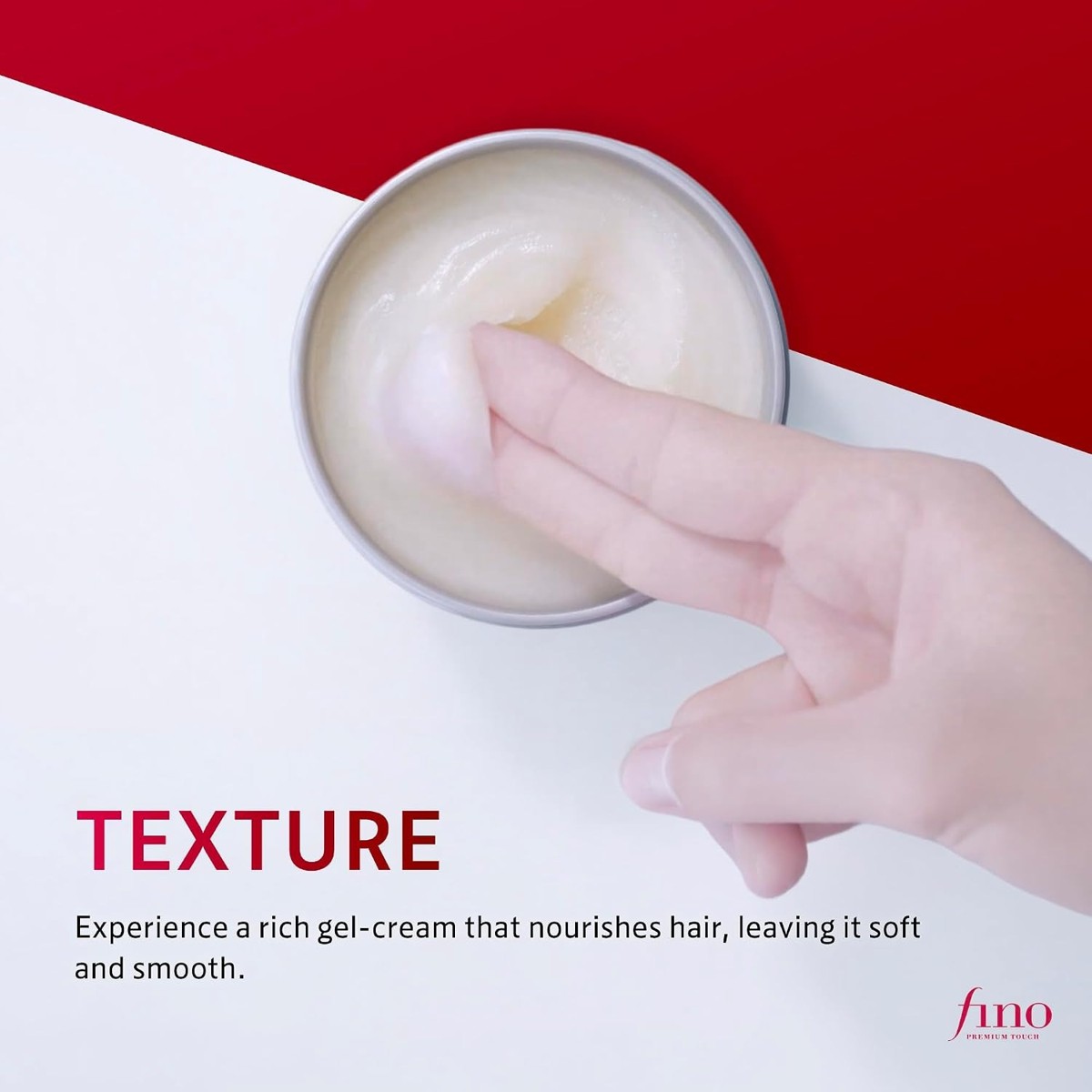 A finger scooping the gel-cream texture of Fino Premium Touch Hair Mask