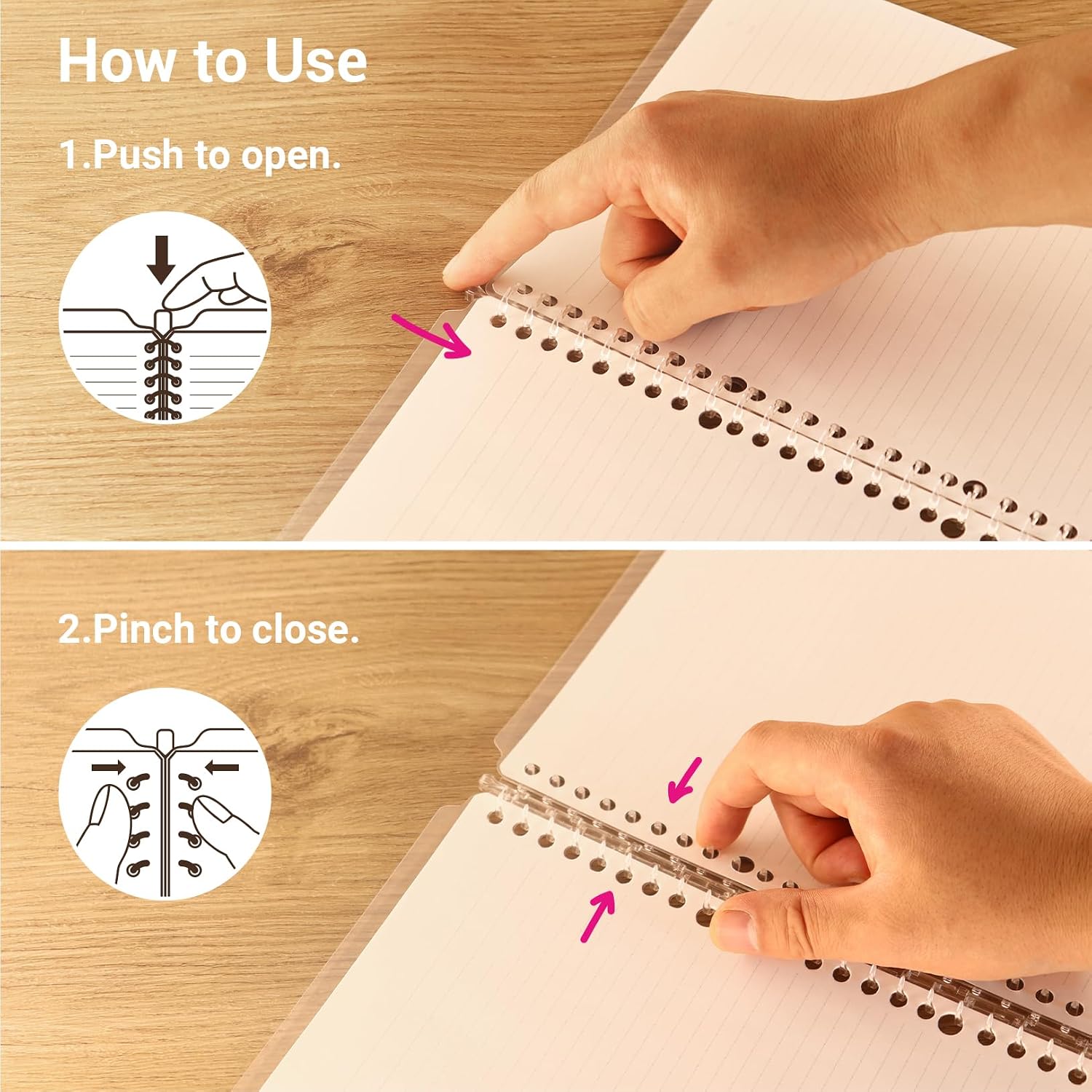 Hands opening and closing the plastic rings of a Kokuyo Campus Smart Ring binder
