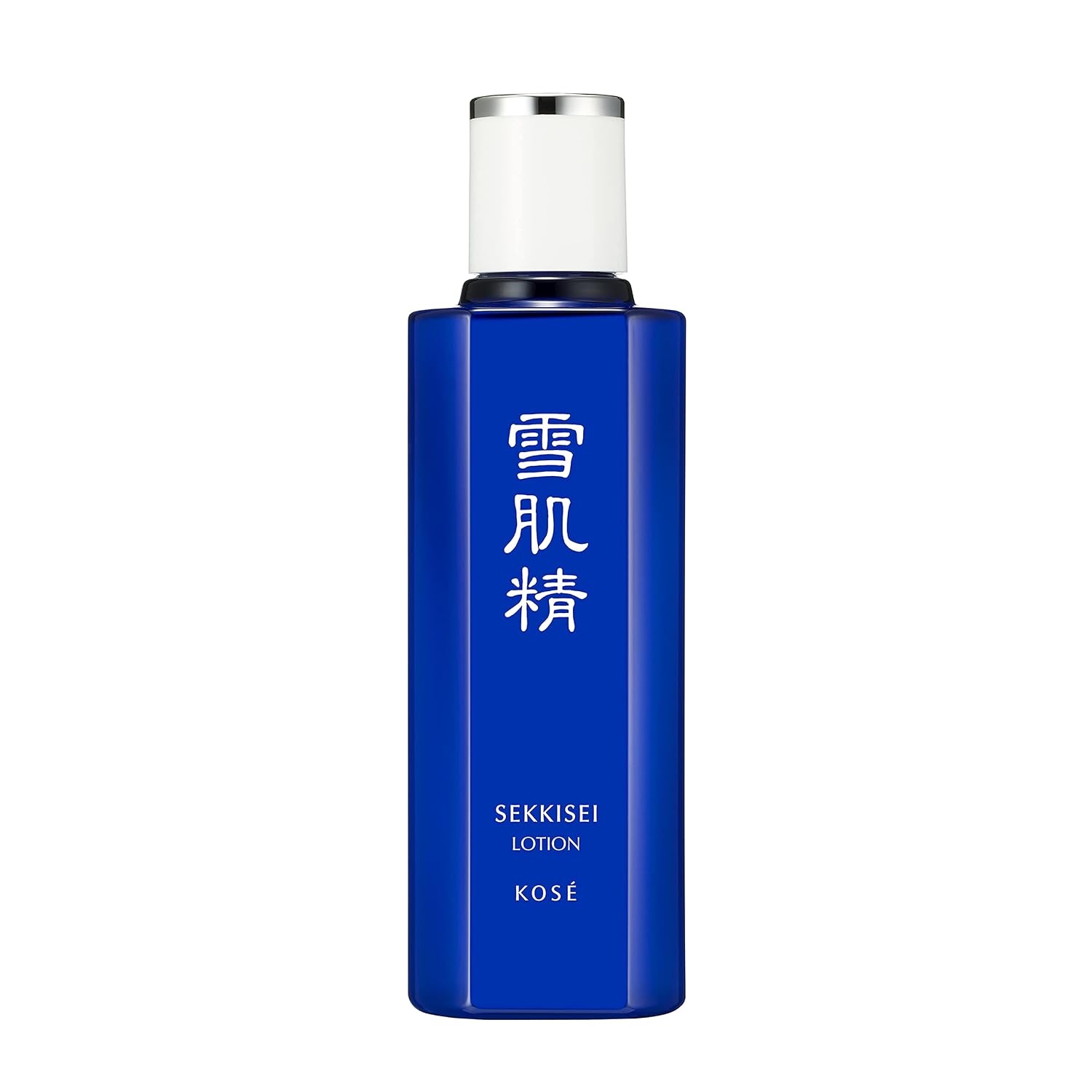 KOSE Sekkisei Lotion in a cobalt blue bottle with a white cap