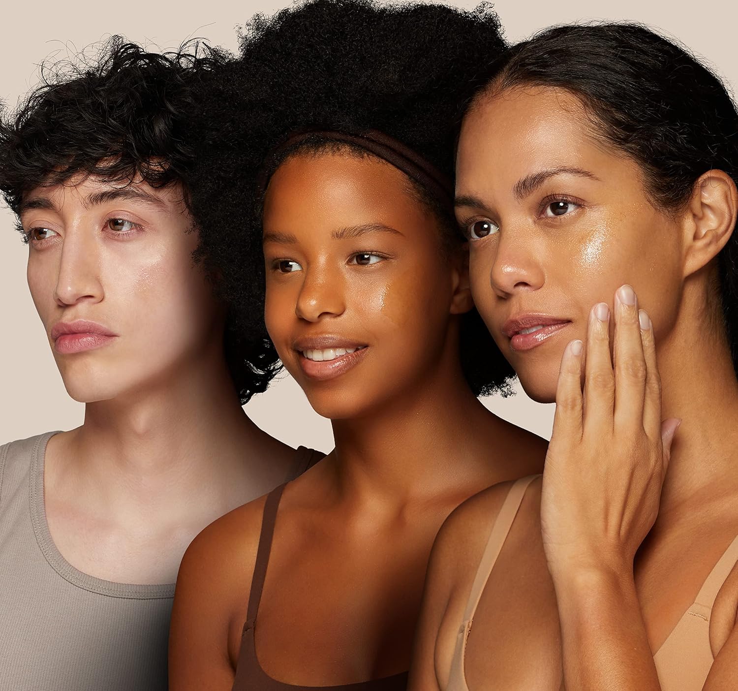 Three people with bare, freshly cleansed skin