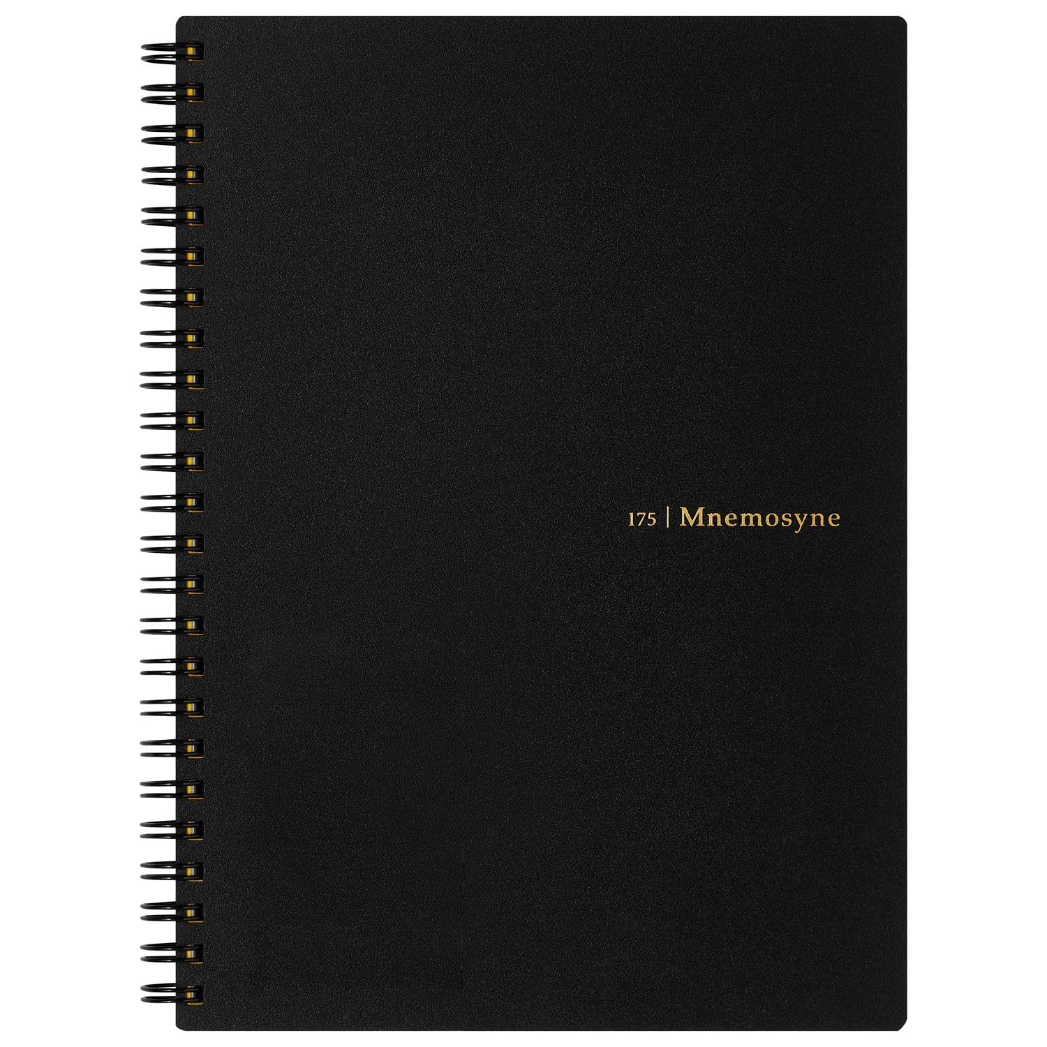 Black Maruman Mnemosyne N175 A5 spiral notebook with gold lettering on the cover