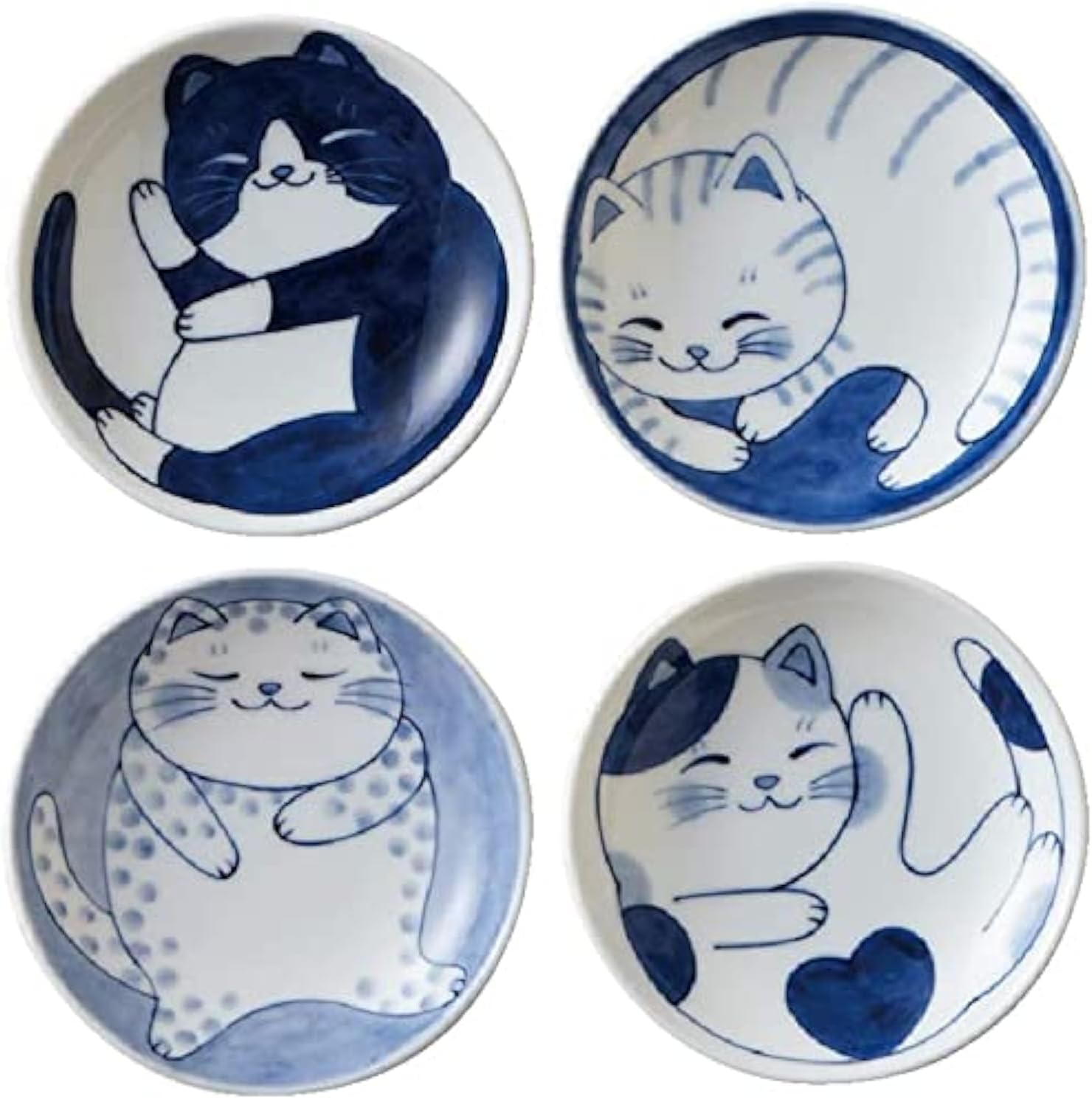 Four blue and white Mino ware small plates each painted with a different cat