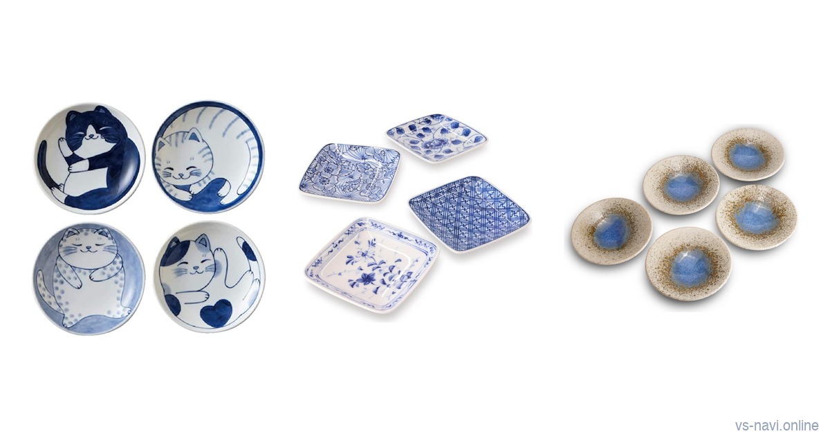 Three Mino ware small plate sets on white: blue cat plates, indigo square plates plus speckled plates with a blue center