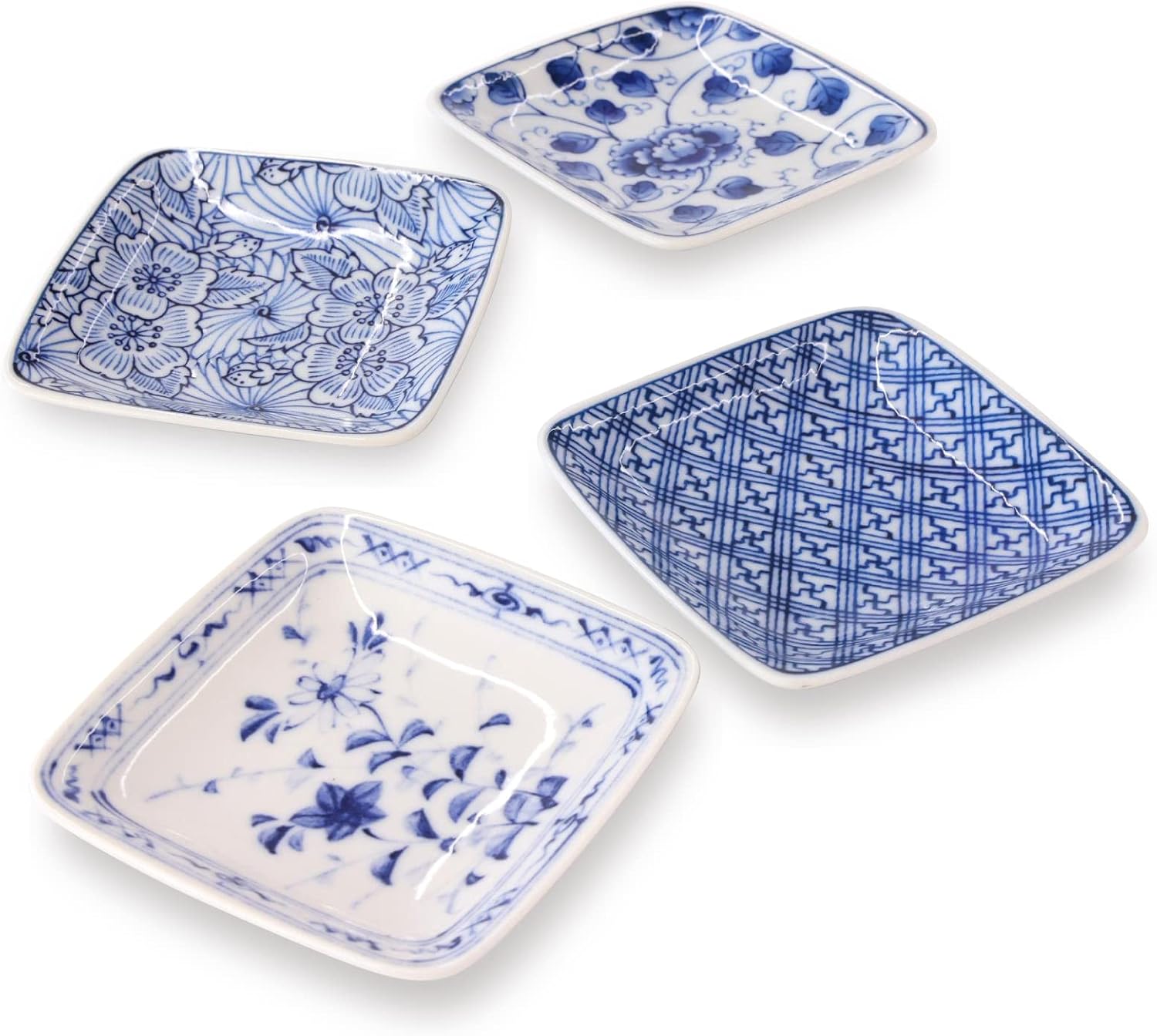 Four square Mino ware plates with different indigo patterns