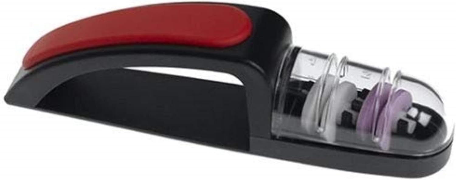 MinoSharp Plus water sharpener in black and red with white and pink ceramic wheels