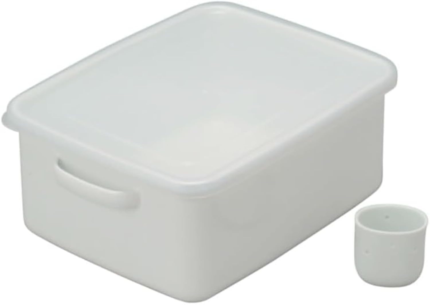 Noda Horo Nukazuke Bijin large white enamel pickle container with side grips, seal lid and a small porcelain water cup