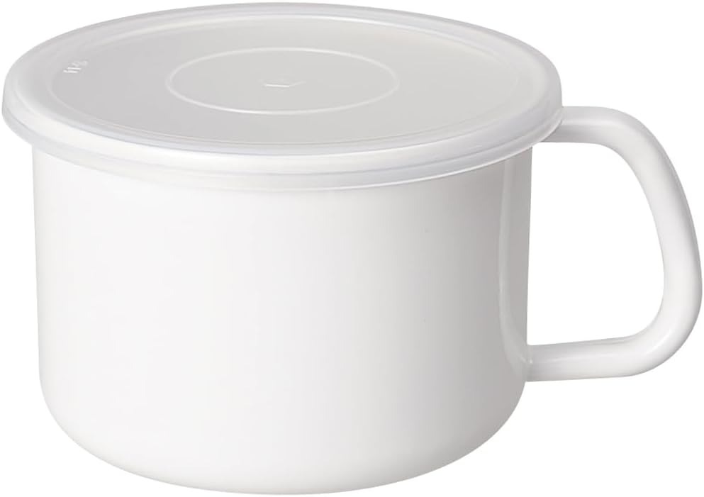 Noda Horo round white enamel stocker with a side handle and a translucent seal lid