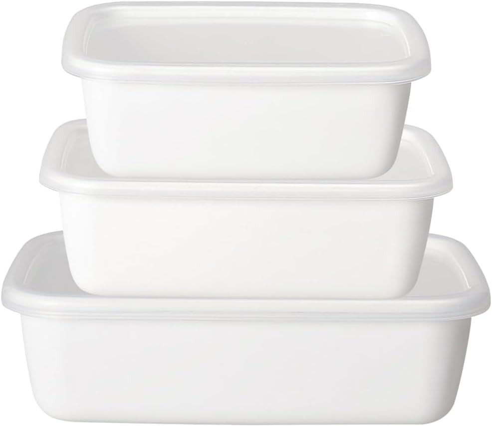Three nested Noda Horo White Series rectangular enamel containers with translucent seal lids