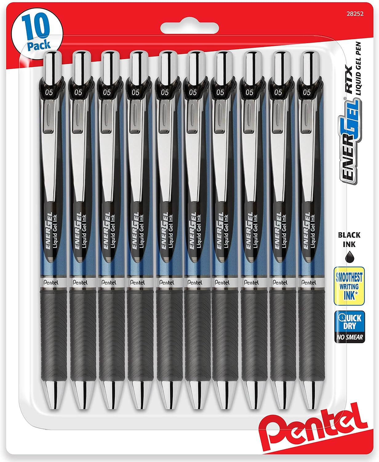 Pentel EnerGel RTX 0.5 mm black liquid gel pens in a 10-pack