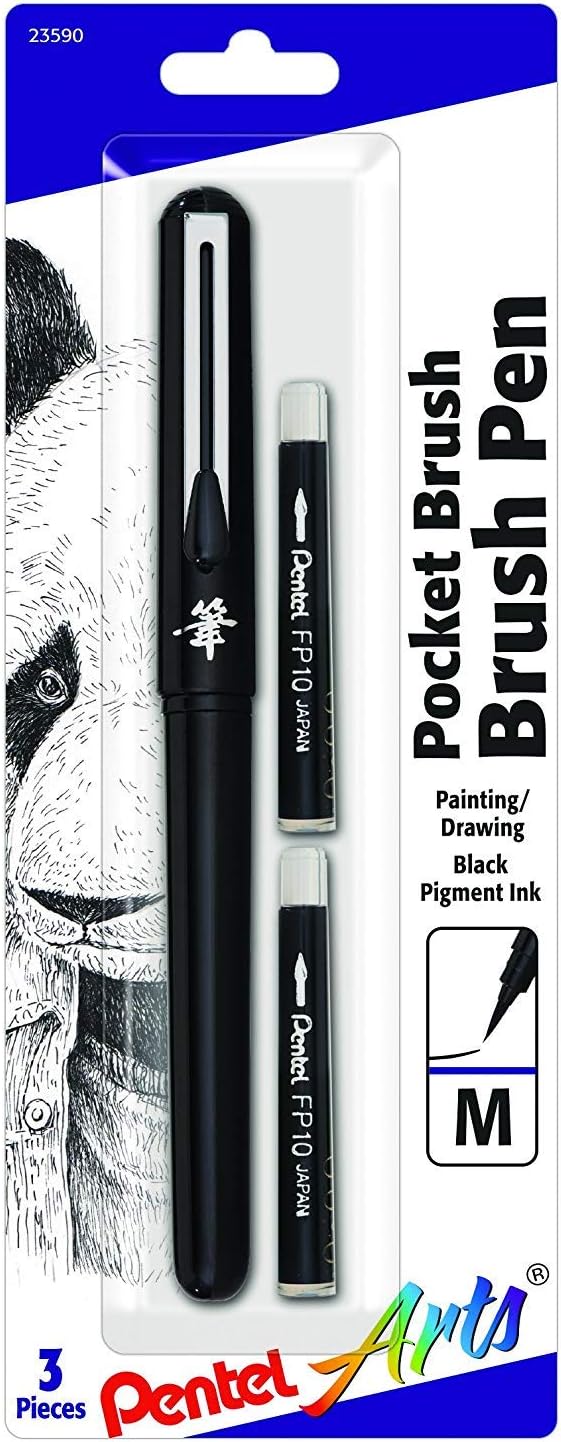 Pentel Arts Pocket Brush Pen retail card with one pen plus two refill cartridges