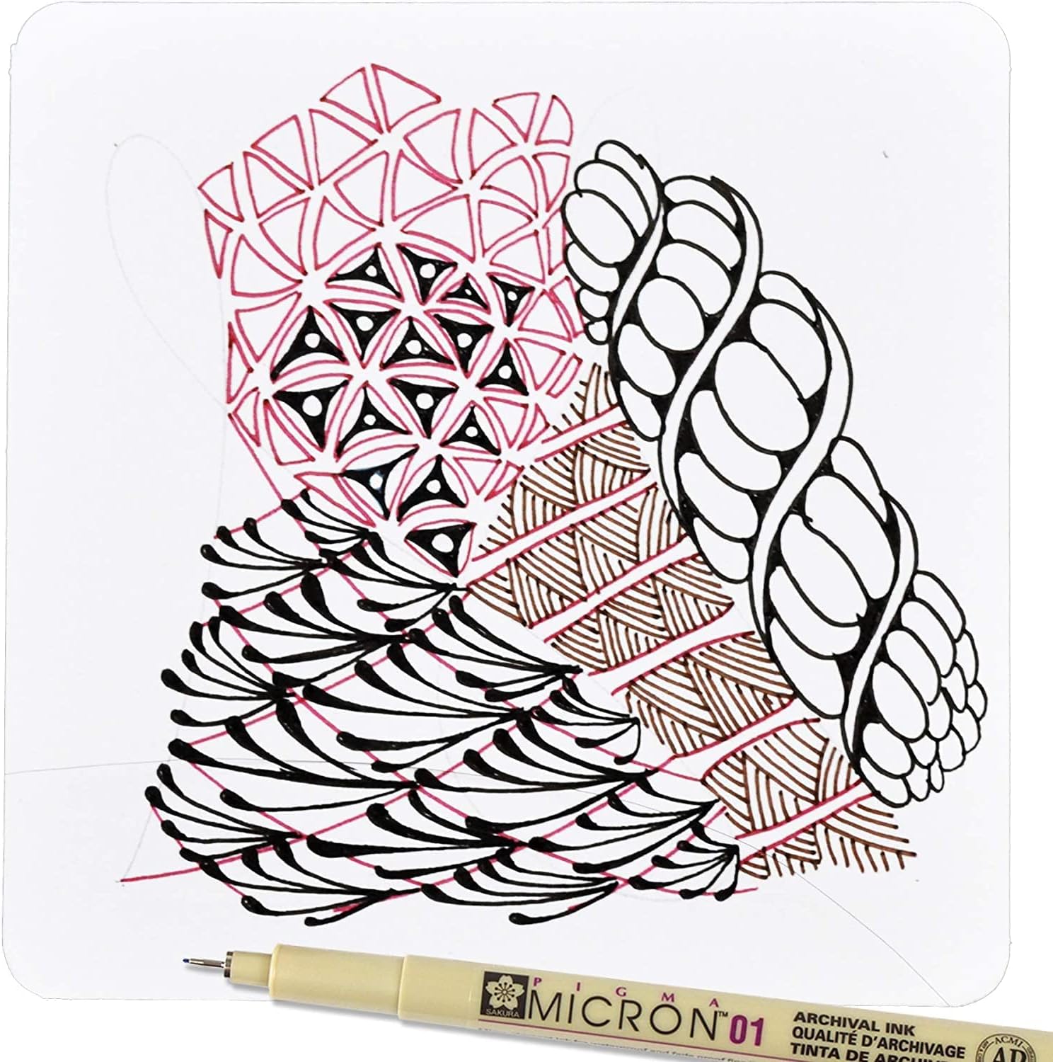 Pigma Micron 01 pen beside an inked pattern drawing