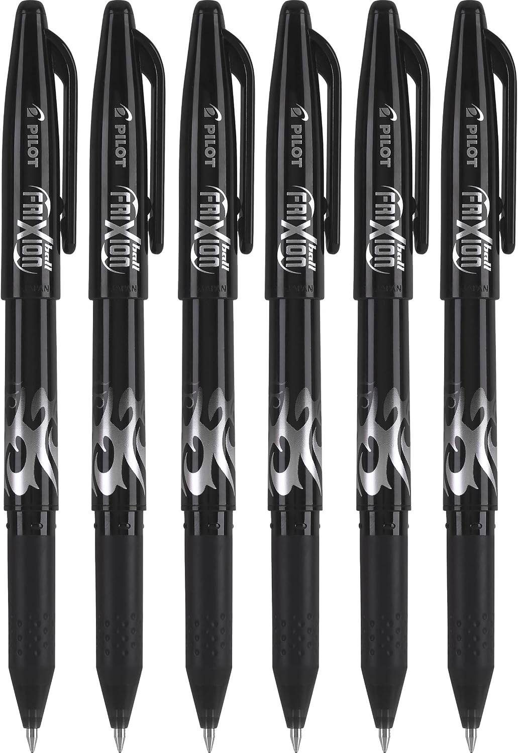 Six black Pilot FriXion Ball capped erasable gel pens