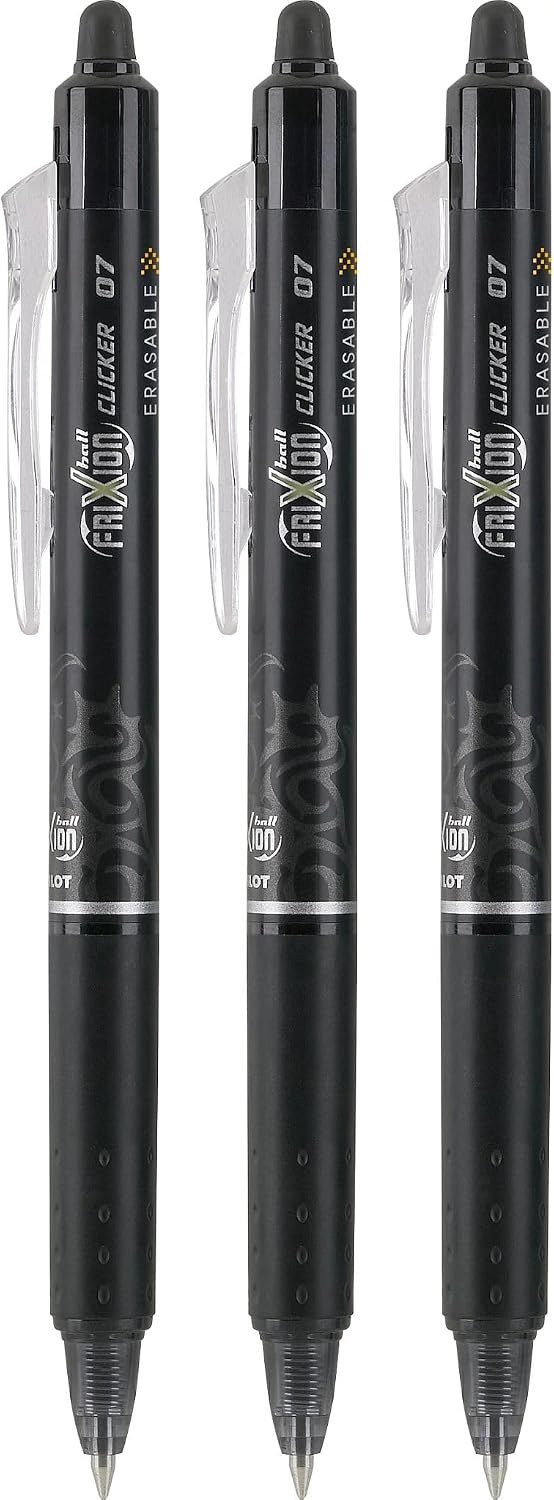 Three black Pilot FriXion Clicker retractable erasable pens