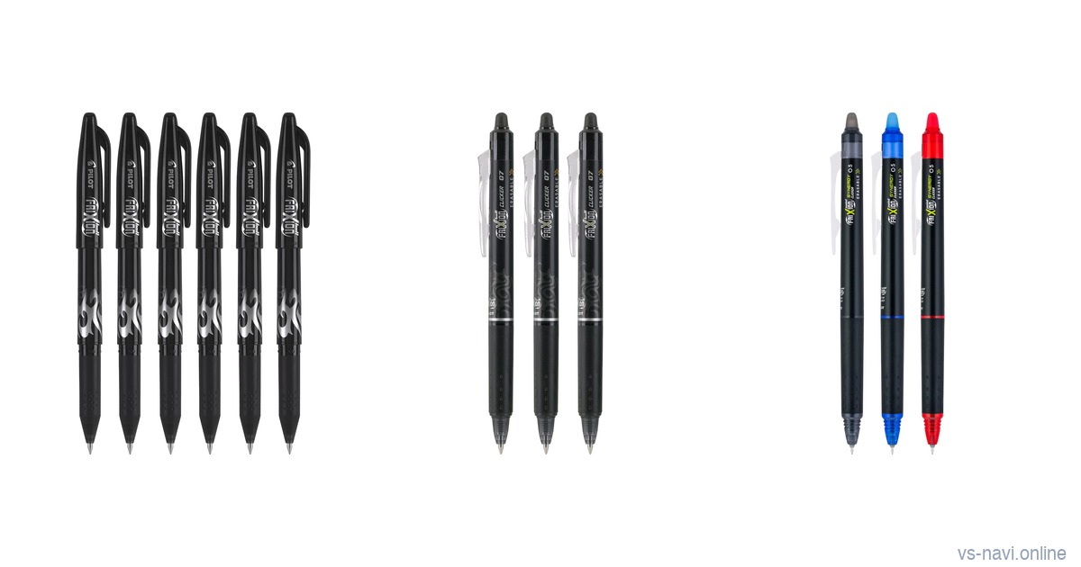 Pilot FriXion Ball capped pens, FriXion Clicker pens plus FriXion Synergy Clicker pens side by side on a white background