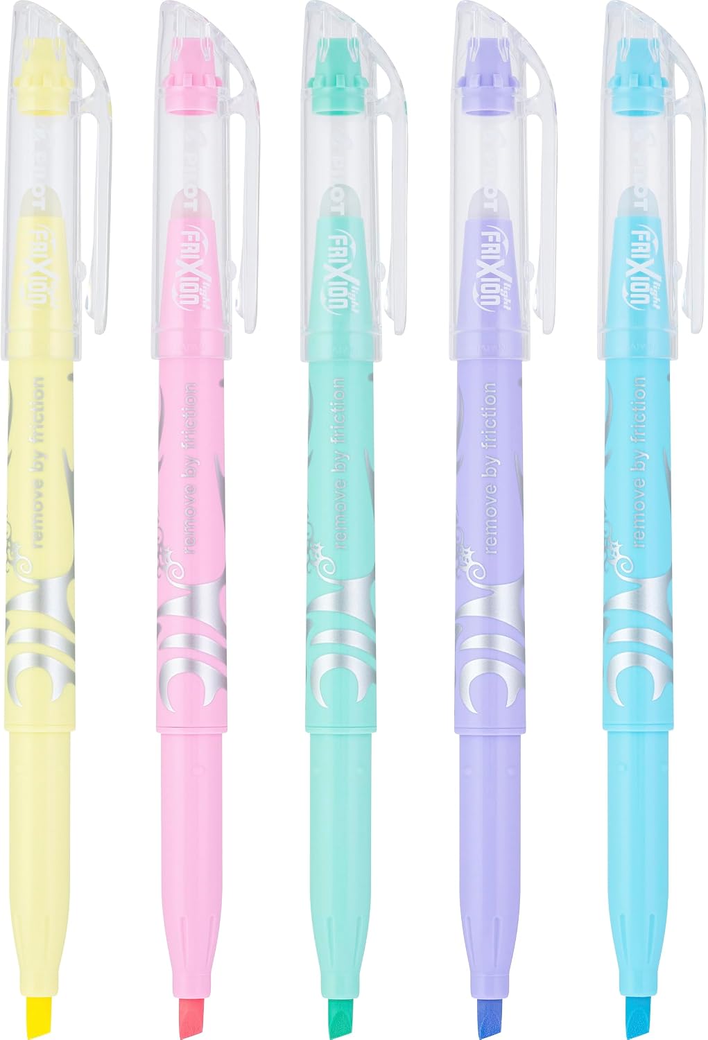 Five Pilot FriXion Light erasable highlighters in pastel yellow, pink, green, violet and blue