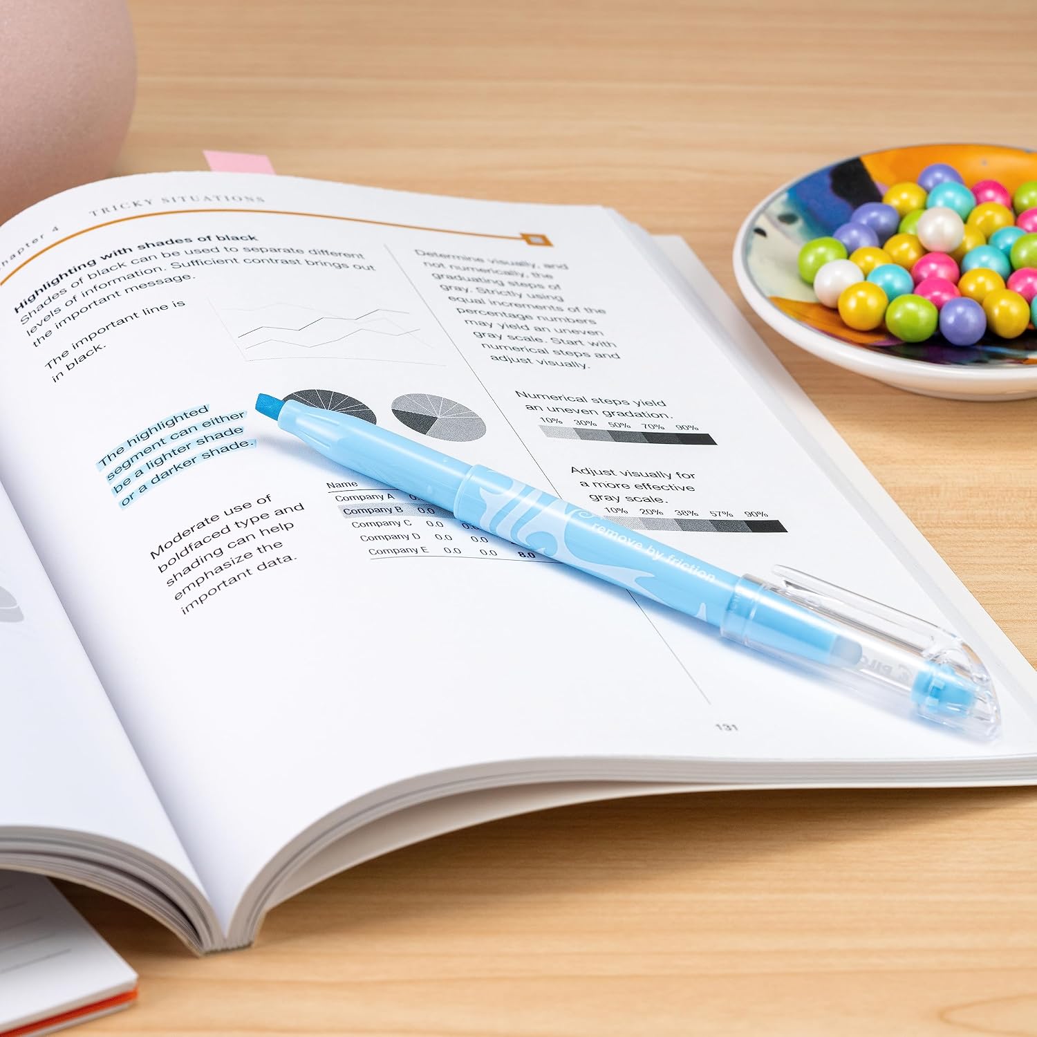 A blue Pilot FriXion Light highlighter resting on an open textbook