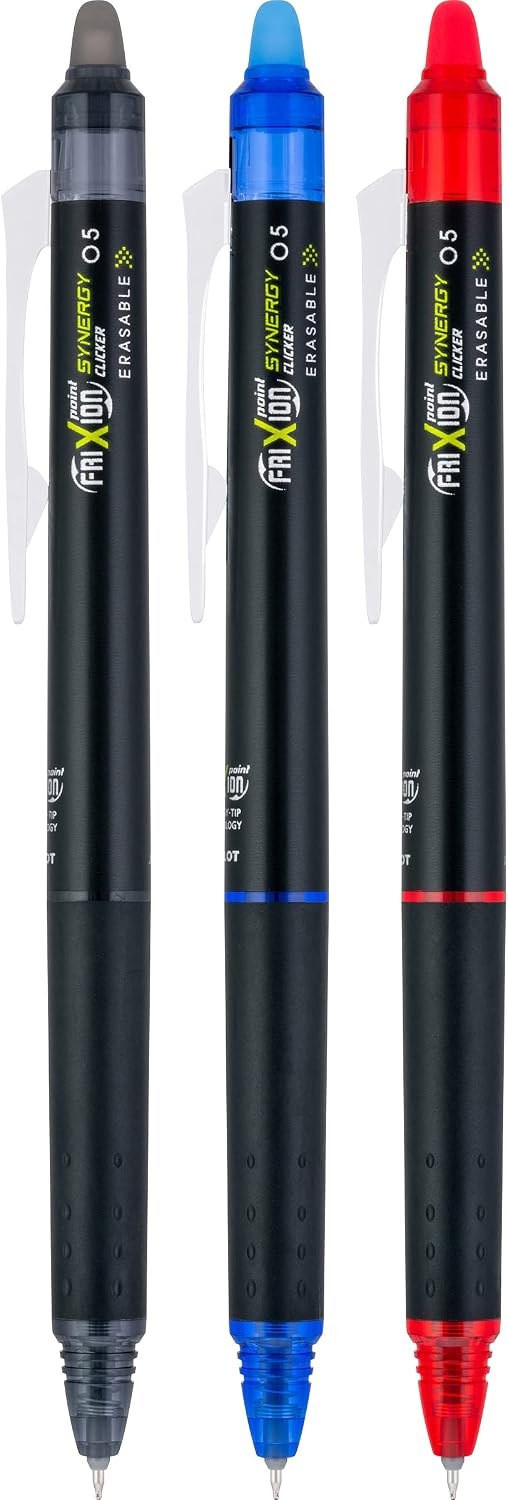 Pilot FriXion Synergy Clicker pens in black, blue plus red ink