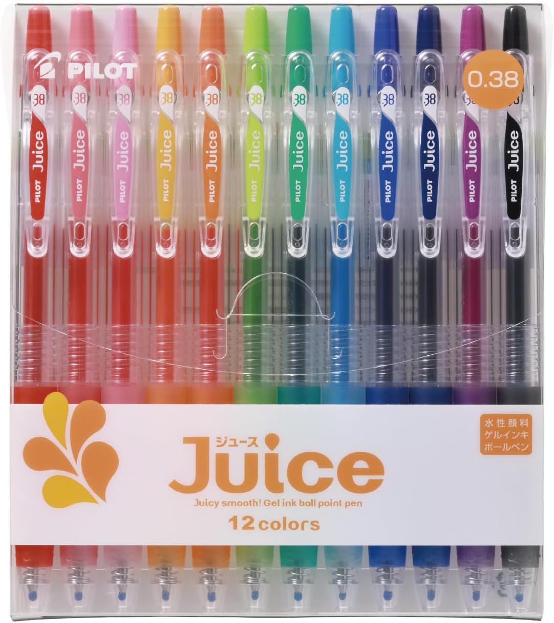 Pilot Juice 0.38 mm gel pens in a 12-color set with clear barrels and colored clips