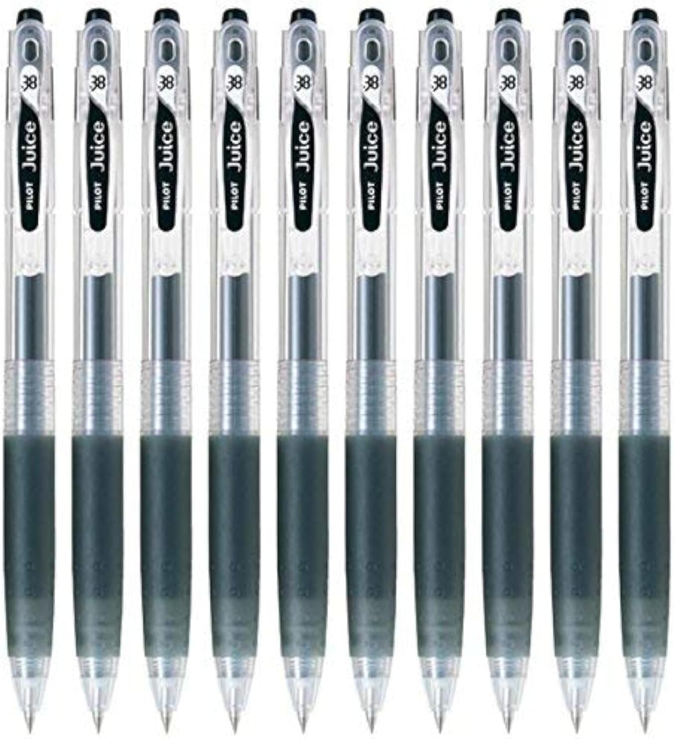 Ten Pilot Juice 0.38 mm black gel pens lined up in a row