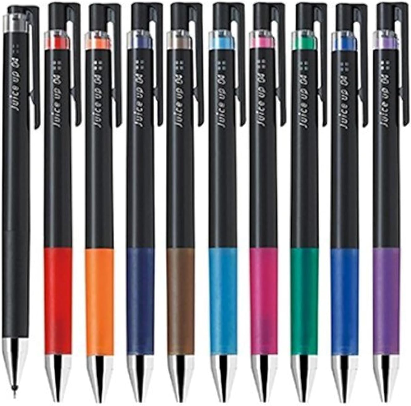 Pilot Juice Up 04 gel pens in a 10-color set with matte black barrels and colored grips