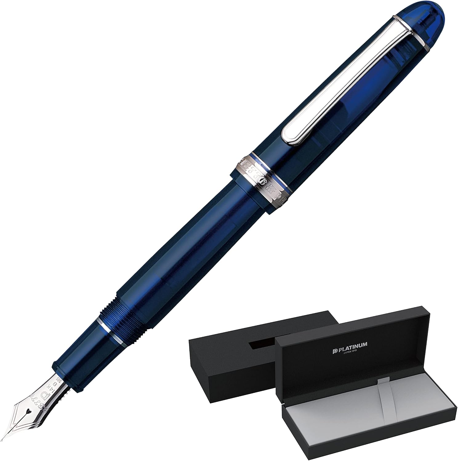 Platinum 3776 Century Rhodium in translucent Chartres Blue with silver-tone trim beside its gift box