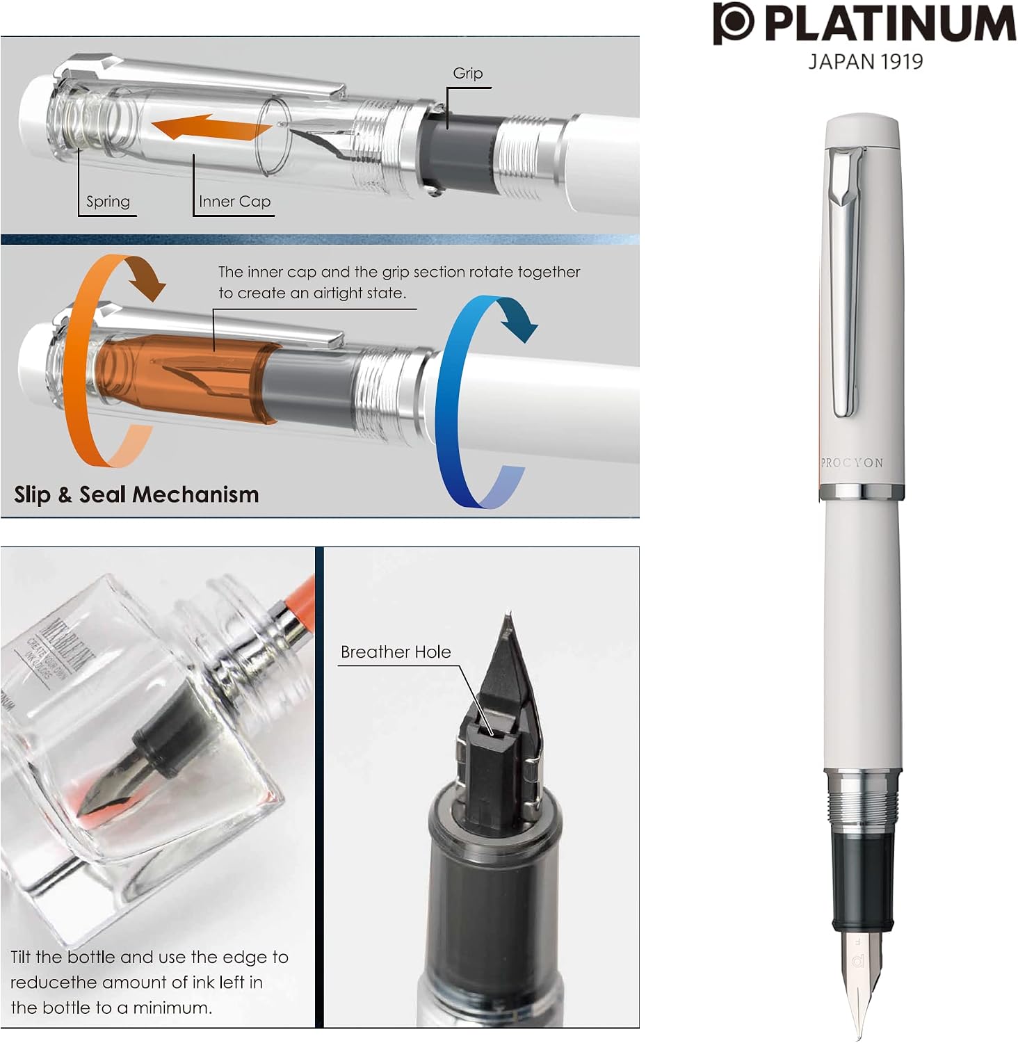 Diagram of the Procyon Slip and Seal cap plus filling the pen from a small ink bottle
