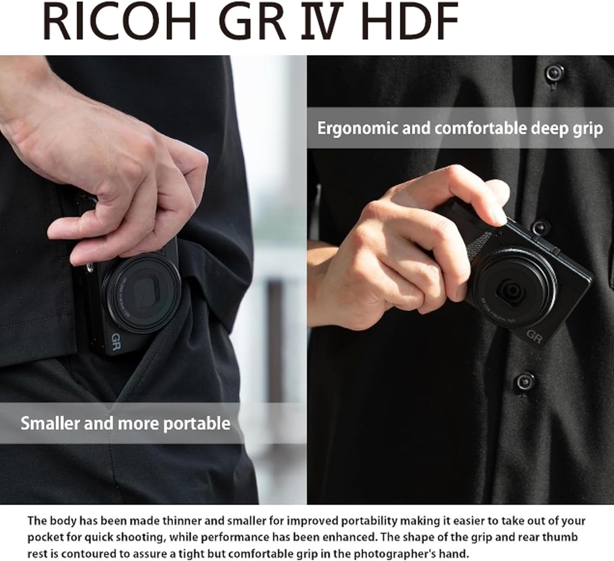Ricoh GR IV HDF held in hand and slipped into a pocket