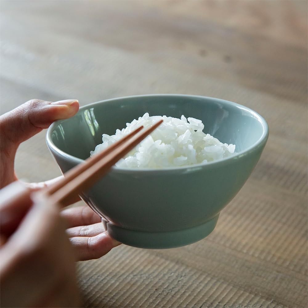 Hand holding a gray Saikai Common rice bowl of white rice with chopsticks