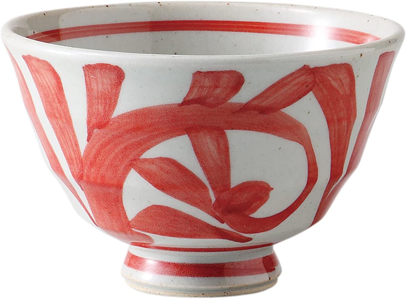 Saikai lightweight Hasami ware rice bowl with a red hand-painted arabesque pattern